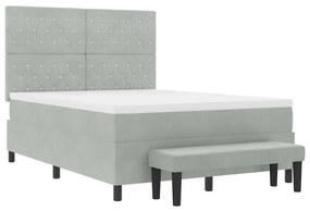 Cama Box Spring com Colchão e Banco Cinza Claro 140x190 cm Veludo
