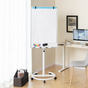 Quadro branco ajustável em altura com rodas com clipes para papel e tabuleiro 65 x 60 x 132-192 cm Branco