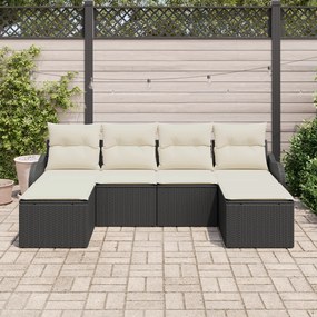 Conjunto de Sofá de Jardim de 6 Peças com Almofadas Preto Rattan, Sofá