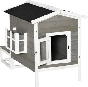 Casinha para gatos com compartimentos abertos externos elevados e terraço impermeável em madeira, 115 x 66,5 x 74,7  cm, cinzenta