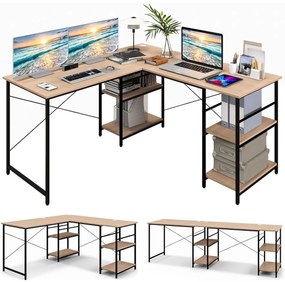 Secretária com prateleiras de armazenamento em forma de L Secretária de canto industrial em madeira 242 × 60 × 75 cm Natural