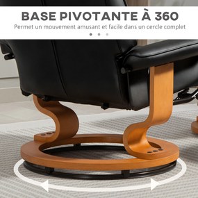 Poltrona de relaxamento reclinável com apoio para os pés, giratória, estrutura em madeira, revestimento sintético preto