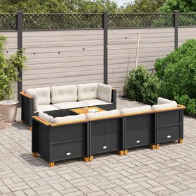 8 pcs conjunto sofás de jardim com almofadões vime PE preto