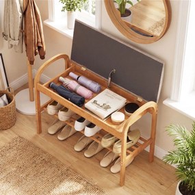 Banco para sapatos em bambu 70 x 31 x 51 cm com 2 níveis, almofada acolchoada e prateleira de arrumação para a entrada, corredor, sala de estar e quar