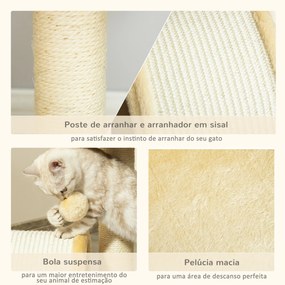 Árvore Arranhador para Gatos de 2 Níveis com Poste e Tapete de Arranhar Cama e Bola Suspensa 35,5x37x46 cm Bege