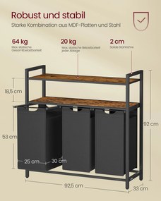 Cesto para roupa suja 3 compartimentos 120 litros (40 litros por compartimento) com 2 prateleiras castanho Vintage-preto