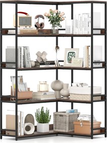 Estante de canto 110 x 89 x 180 cm com 5 níveis, 10 compartimentos abertos e protetor com pés para sala Castanha