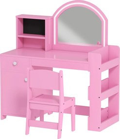 AIYAPLAY Toucador de Maquilhagem Infantil com Banquinho e Espelho com Luzes LED 1 Gaveta Armário e 5 Prateleiras Rosa | Aosom Portugal