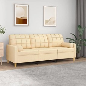 vidaXL Sofá 3 lugares c/ almofadas e almofadões 180cm tecido cor creme