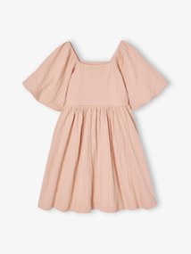 Vestido de cerimónia aos favos, em tecido com relevo, para menina rosa-pálido