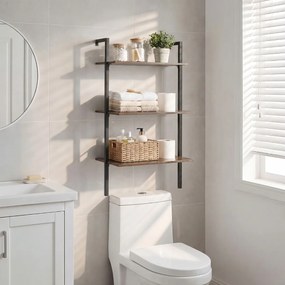 Estante flutuante 53,5 x 29,5 x 96 cm de 3 níveis em forma de escada, com estrutura preta e painéis industriais, para casa de banho, cozinha ou sala d