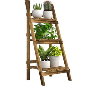 Outsunny Suporte Plantas 3 Níveis Dobrável Madeira Interior Exterior Decoração 40x37x93 cm | Aosom Portugal