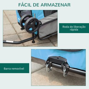 Reboque de Bicicleta para Cães 2 em 1 Carrinho para Animais de Estimação com Cinto de Segurança Guiador de Empurre Removível Bandeira e Refletores Car