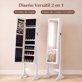 Armário para Joias de Pé com Espelho de Corpo Inteiro, 40 x 36 x 156 cm, Fecho com Chave, Branco