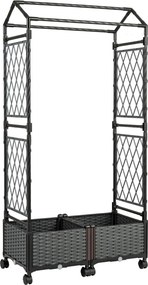 Floreira de jardim 81 x 40 x 162 cm com rega automática, com treliça e rodas bloqueáveis em rattan para plantas trepadeiras, tomates ou flores, cinza