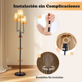 Candeeiro de pé com 3 luzes e 3 abajures de papel tecido estilo boho, base pesada, interruptor no pé, lâmpadas E27 não incluídas Preto