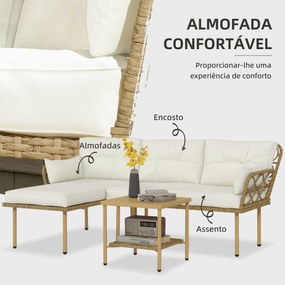 Conjunto de Jardim de 3 Peças em Vime Sintético com 1 Sofá de 2 Lugares 1 Sofá de Canto e 1 Mesa de Centro Natural e Creme