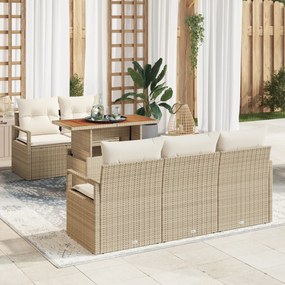 vidaXL Conjunto de Sofá de Jardim de 6 Peças com Almofadas Bege Rattan Poliacácia