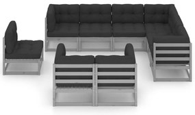 9pcs conjunto lounge de jardim c/ almofadões pinho maciço cinza