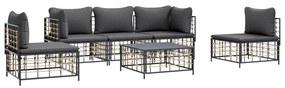 6 pcs conjunto lounge de jardim c/ almofadões vime PE antracite