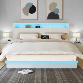 Estrutura de cama 160 x 200 cm (COLCHÃO NÃO INCLUIDO) com iluminação LED e estação de carregamento Branco