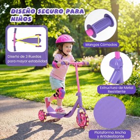 Trotinete Infantil de Três Rodas, 56 x 31,5 x 59 cm, Rodas Luminosas, Púrpura