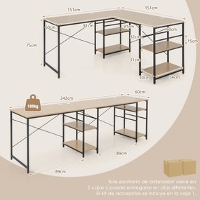 Mesa de computador em L 2 formatos 4 lados Mesa de trabalho para 2 pessoas 151 x 151 x 75 cm Natural