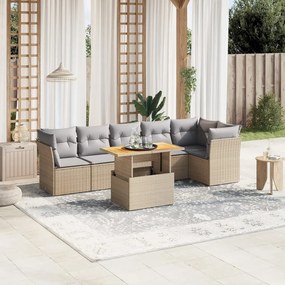 7 pcs conjunto de sofás p/ jardim com almofadões vime PE bege