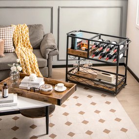 Carrinho garrafeira e de serviço de bar de 3 níveis Tabuleiro amovível Suporte de vinho Suporte de copos para cozinha Sala de jantar 80x40x83cm Castan