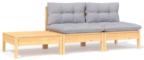vidaXL 3 pcs conj. lounge de jardim c/ almofadões cinza pinho maciço