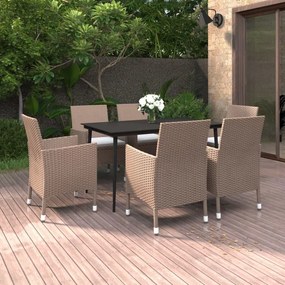 vidaXL 7 pcs conjunto de jantar p/ jardim c/ almofadões vime PE/vidro
