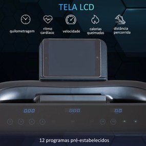 HOMCOM Passadeira de Correr e Andar Dobrável com 12 Programas Velocidade até 14km/h Tela LCD Pulsômetro Superfície 122x41cm e Rodas de Transporte 153x77x124cm Preto
