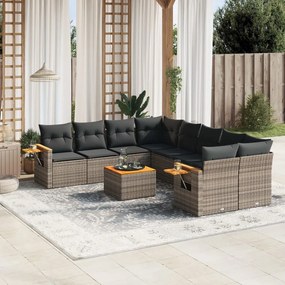 vidaXL 9 pcs conjunto sofás p/ jardim com almofadões vime PE cinzento