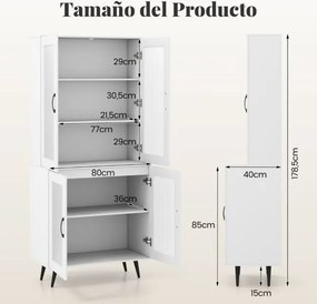 Armário despensa de cozinha 80 x 40 x 178,5 cm, com 4 portas transparentes e prateleira ajustável branco