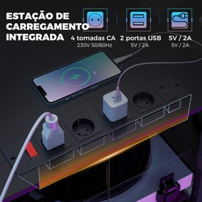Mesa Gaming Dupla de 244 cm com Estação de Carga Portos USB Suportes para Monitor Gavetas de Tecido Preto