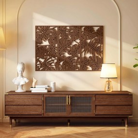 Decoração de Parede em Madeira 3D 3 Peças 40x80 cm Adornos de Parede com Padrão de Folhas Tropicais Nogueira