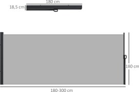 Toldo lateral com proteção contra olhares indiscretos, retrátil, dimensões: 3 m (L) x 1,8 m (A), em alumínio. Poliéster anti-UV de alta densidade, 180