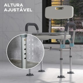 Cadeira de Duche para Idosos com Encosto Apoios de Braço Altura Ajustável Almofada Acolchoada Removível  53,5x52x80-90 cm Branco