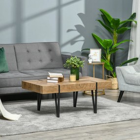 Mesa de centro retangular de estilo industrial, com pés em forma de alfinete de metal preto e tampo em madeira com aspeto envelhecido