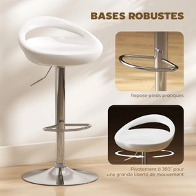 Conjunto de 2 bancos de bar com altura ajustável, encosto e apoio para os pés, giratórios a 360°, 46x41x76-96 cm, branco