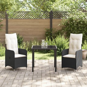 Conjunto de Jantar de Jardim 3 Peças com Almofadas Pretas de Rattan Po