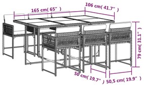 7 pcs conjunto de jantar p/ jardim com almofadões vime PE bege