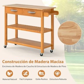 Carrinho de cozinha 116 x 43 x 89 cm com rodas de madeira com 2 gavetas, 2 prateleiras abertas e pega lateral natural