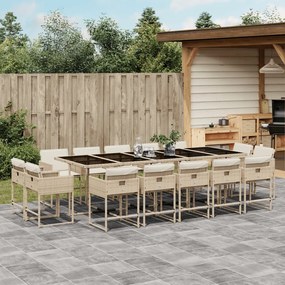 vidaXL 15 pcs conjunto de jantar p/ jardim com almofadões vime PE bege