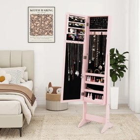 Armário Joias com Espelho de Corpo Inteiro e 3 Ângulos Reguláveis Organizador de Jóias 2 em 1 35 x 30 x 144 cm Rosa