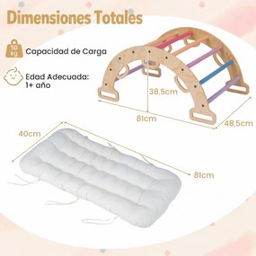 Arco de escalada 3 em 1 bebés Montessori em madeira com almofada e baloiço para interior, a partir de 1 ano, 81 x 48,5 x 38,5 cm, Multicolor