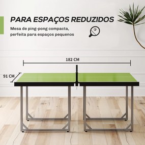 Mesa de Ping Pong Pequena Dobrável 182x91x76 cm com Rede e Estrutura de Aço Verde