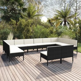 vidaXL 12 pcs conjunto lounge de jardim c/ almofadões vime PE preto