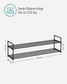 Sapateira com 2 prateleiras, em metal, 30 x 116 x 34 cm, empilhável Preto