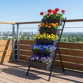Floreira vertical de 5 níveis 57 x 71 x 115 cm com estrutura metálica, tabuleiros removíveis e orifícios de drenagem, para interior e exterior, Preta